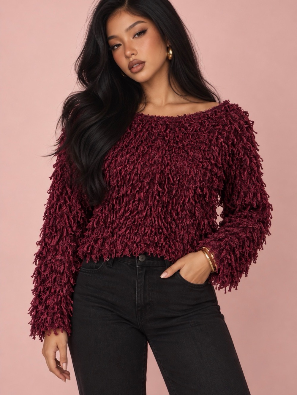 Zara Burgundy Shaggy Textured Sweater